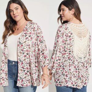 Torrid White Floral Printed Gauze Crochet Inset Kimono Top